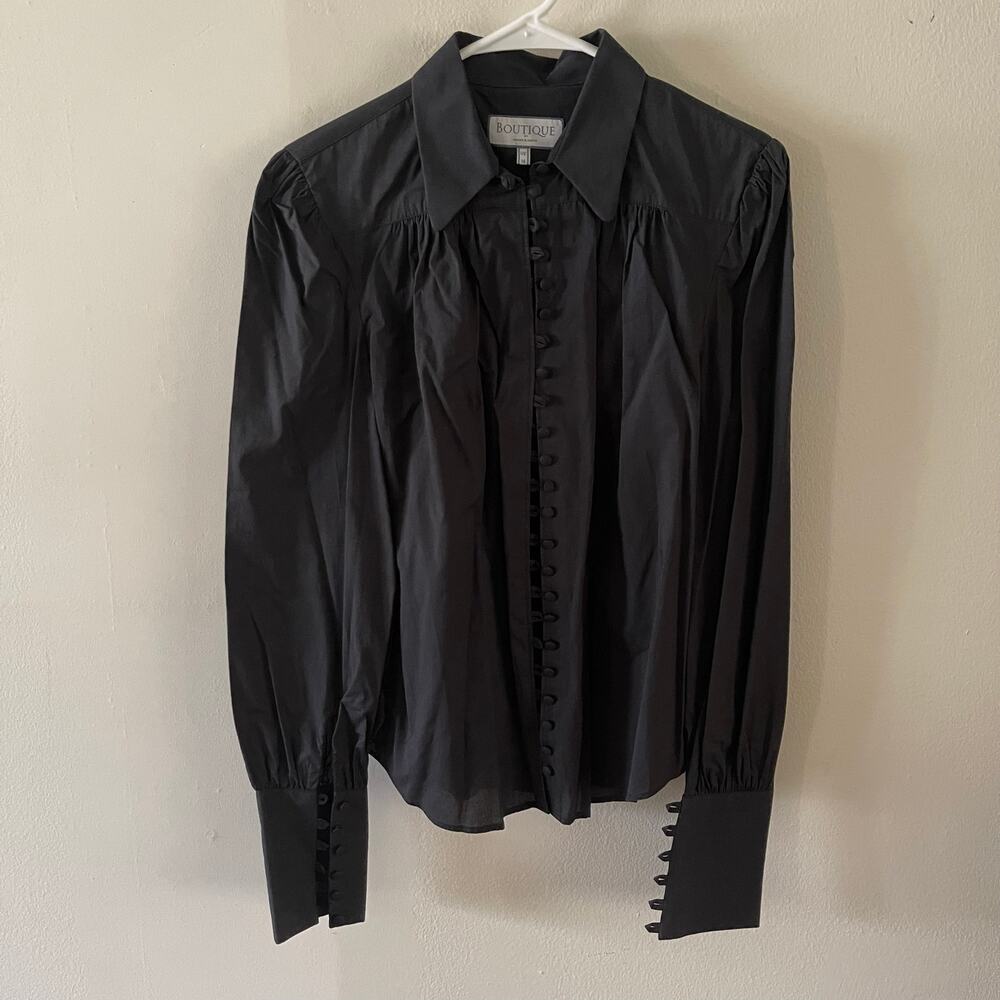 Hawes & Curtis Boutique Black Loop Front Covered Button Blouse Womens US 10